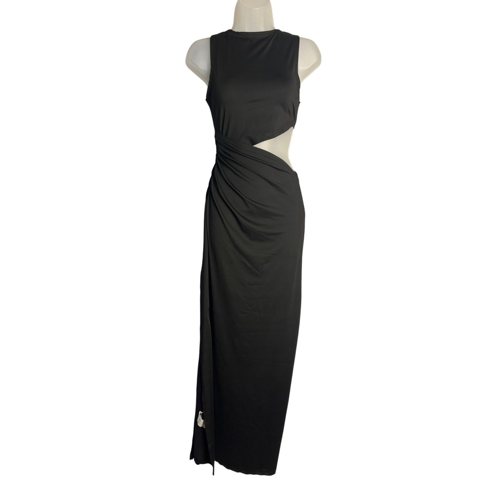 Black Sleeveless Side Cutout Ruched Maxi Dress for Women | Small - Picture 2 of 5